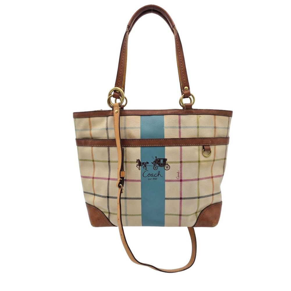 VTG 2008 Coach Heritage Tattersall Plaid Blue Stripe Tote Bag Shoulder Purse